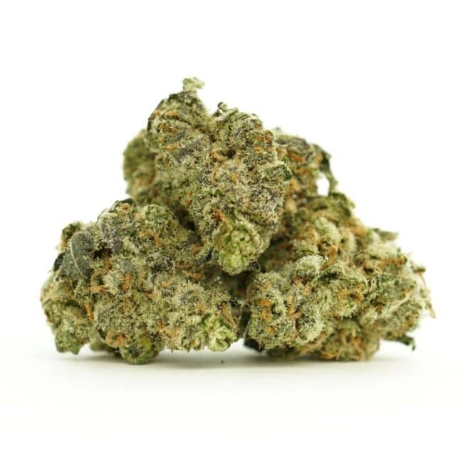 Black Diamond indica-dominant hybrid cannabis flower, featuring dense trichome-covered buds with green and orange hues on a white background