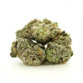 Close-up image of cannabis bud with frosty trichomes on a crisp white background