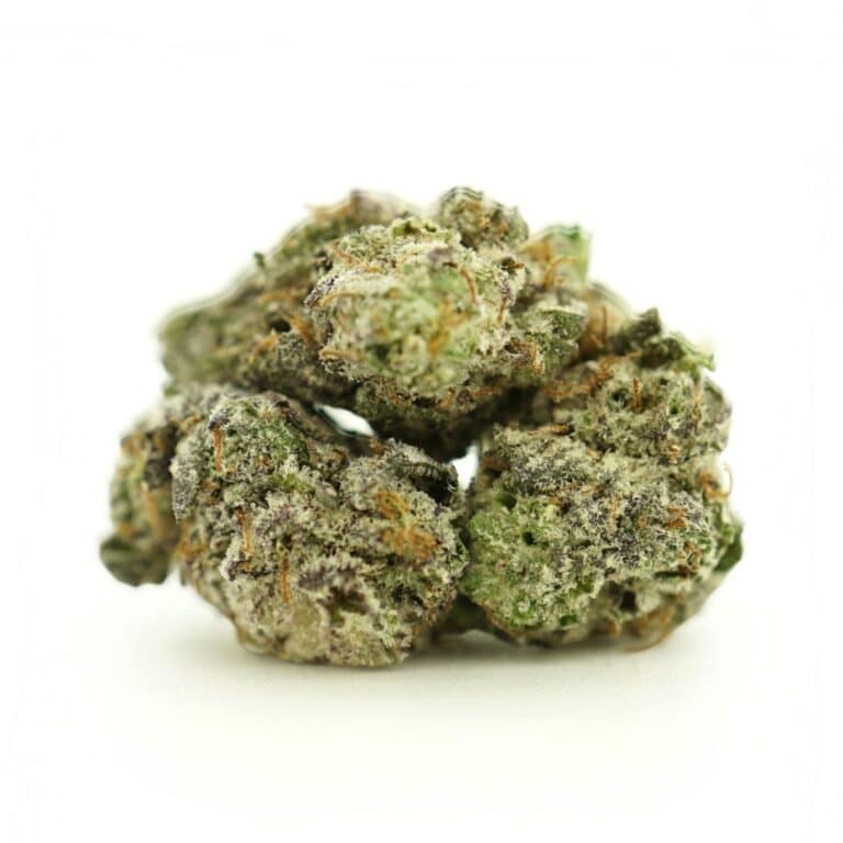 Close-up image of cannabis bud with frosty trichomes on a crisp white background