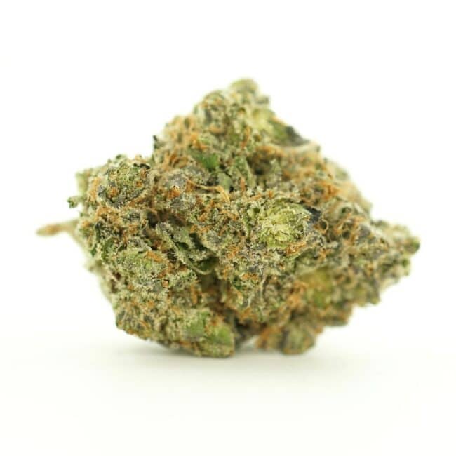 bubba kush close-up image of cannabis bud with frosty trichomes on a crisp white background
