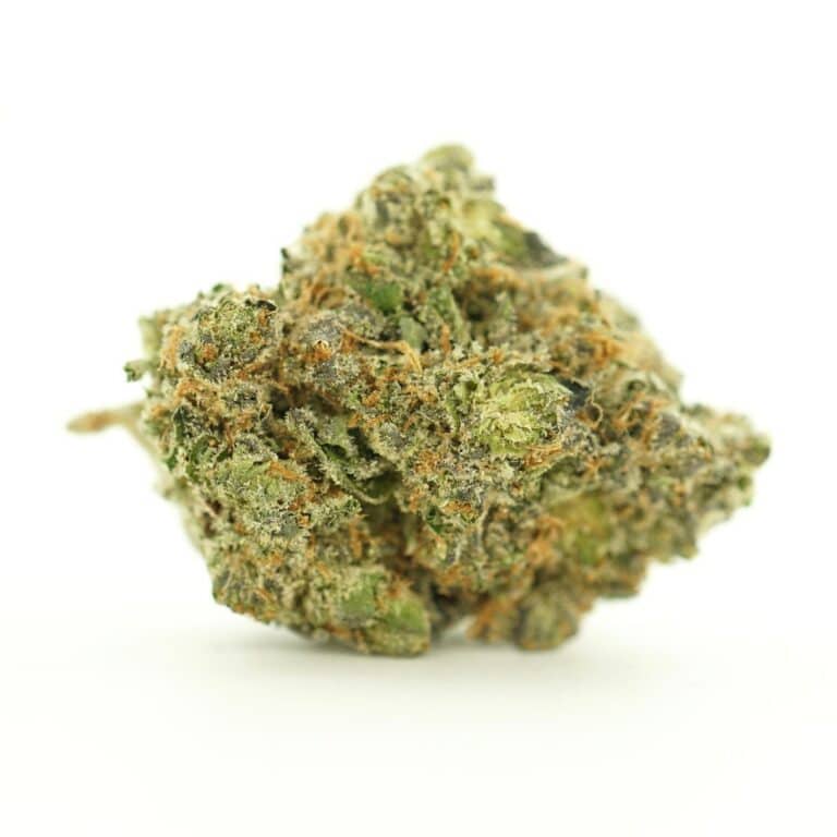 bubba kush close-up image of cannabis bud with frosty trichomes on a crisp white background