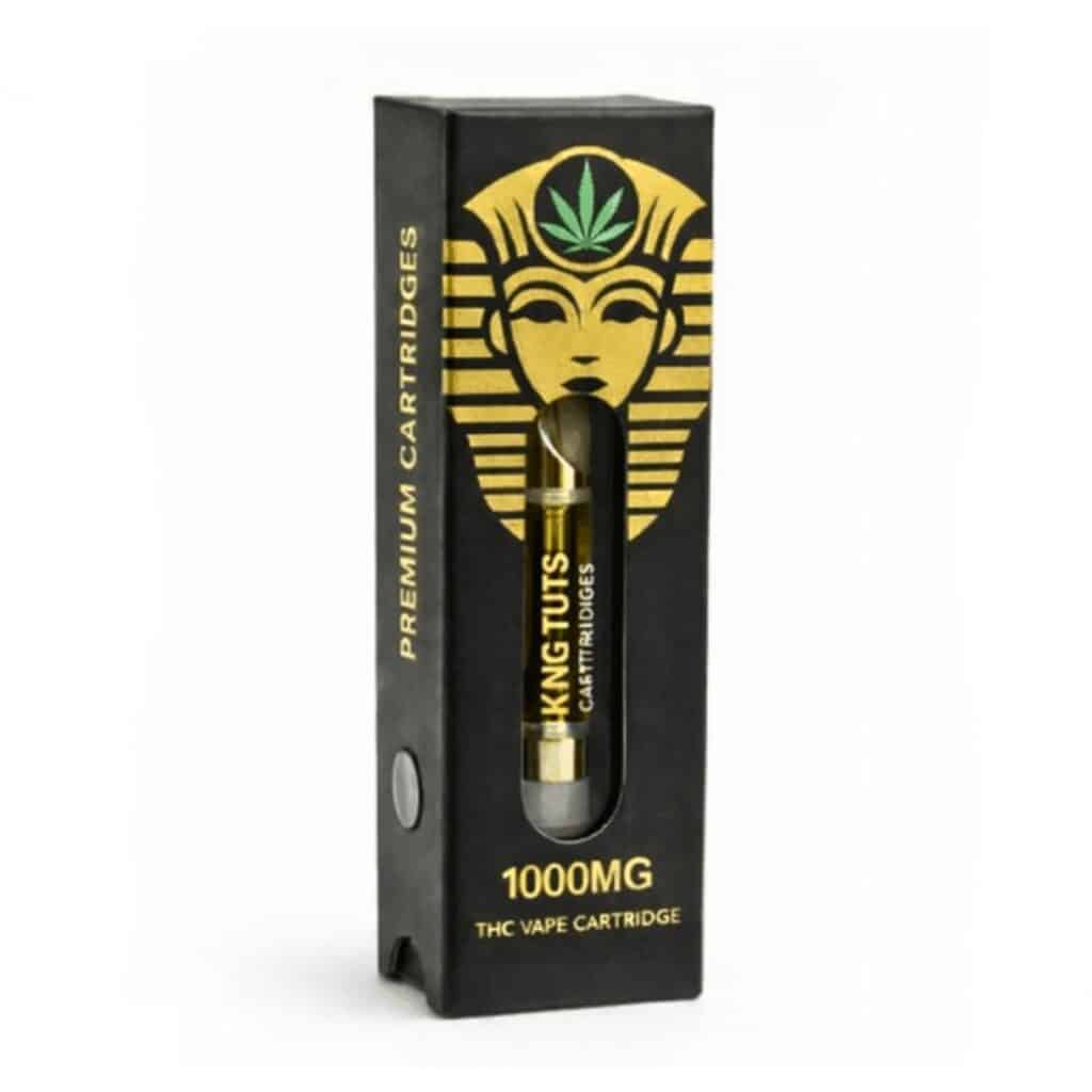 Black cannabis vape cartridge packaging with gold Egyptian pharaoh design and 1000mg label on white background