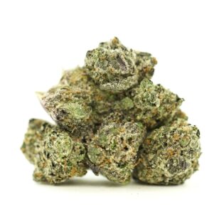 Premium Death Bubba cannabis flower buds with dense structure, frosty trichomes, and earthy green tones on a clean white background