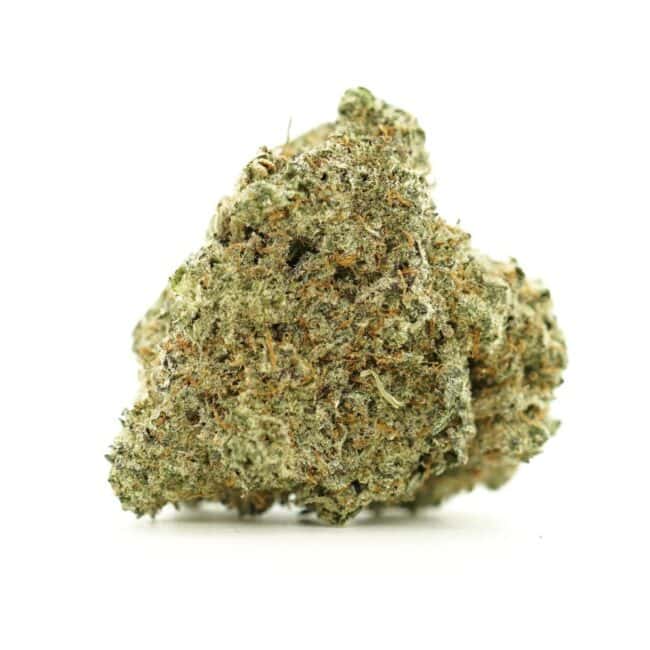 Close-up image of cannabis bud with frosty trichomes on a crisp white background