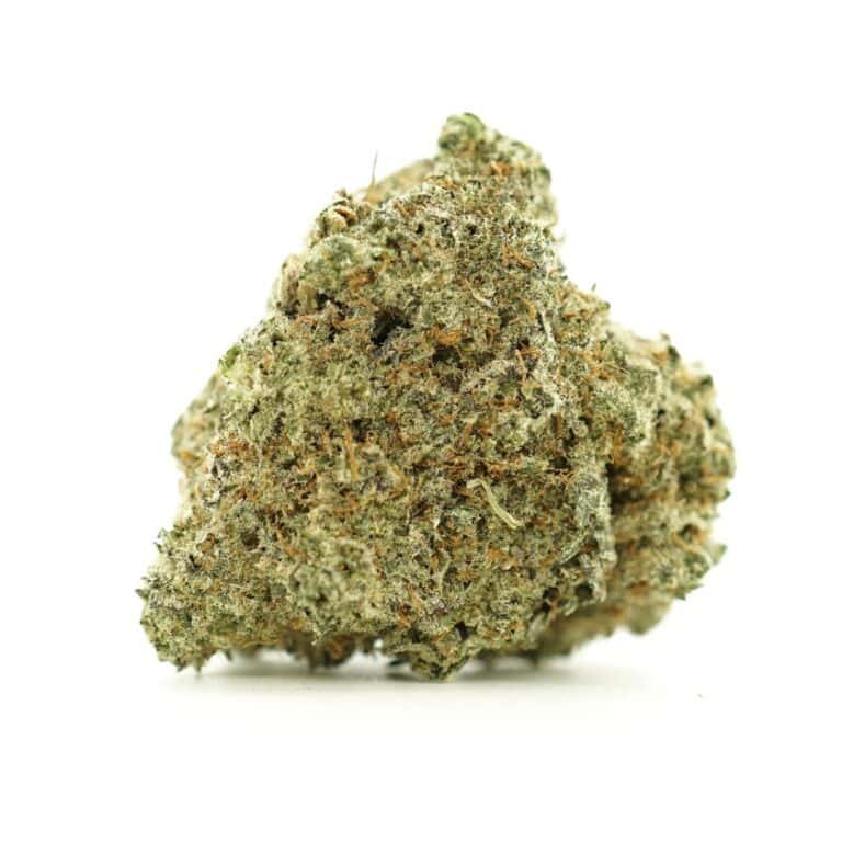 Close-up image of cannabis bud with frosty trichomes on a crisp white background