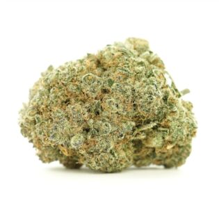 Black Diamond indica-dominant hybrid cannabis bud, showcasing dense structure, heavy trichome coverage, and green hues with orange pistils on a white background