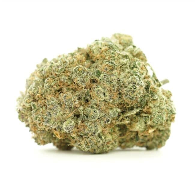Black Diamond indica-dominant hybrid cannabis bud, showcasing dense structure, heavy trichome coverage, and green hues with orange pistils on a white background