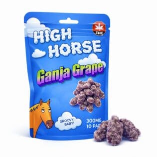Blue resealable pouch of High Horse Ganja Grape cannabis-infused gummies featuring cloud graphics, THC symbol, illustrated horse character, and a pile of sugar-coated purple grape gummies displayed beside the package.