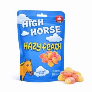 Blue resealable pouch of High Horse Hazy Peach cannabis-infused gummies featuring cloud graphics, THC symbol, illustrated horse character, and a pile of sugar-coated peach gummies displayed beside the package.