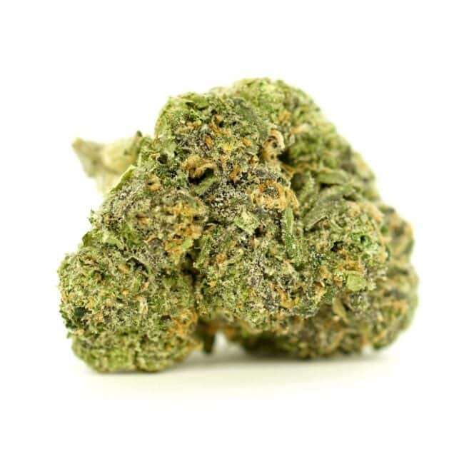 Black Diamond indica-dominant hybrid cannabis bud, featuring dense trichome coverage with green tones and subtle orange pistils on a white background