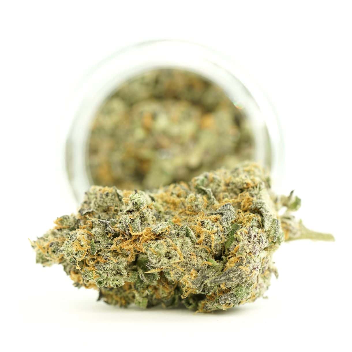 Dense cannabis flower with frosty trichomes in foreground, glass jar softly blurred on a crisp white background
