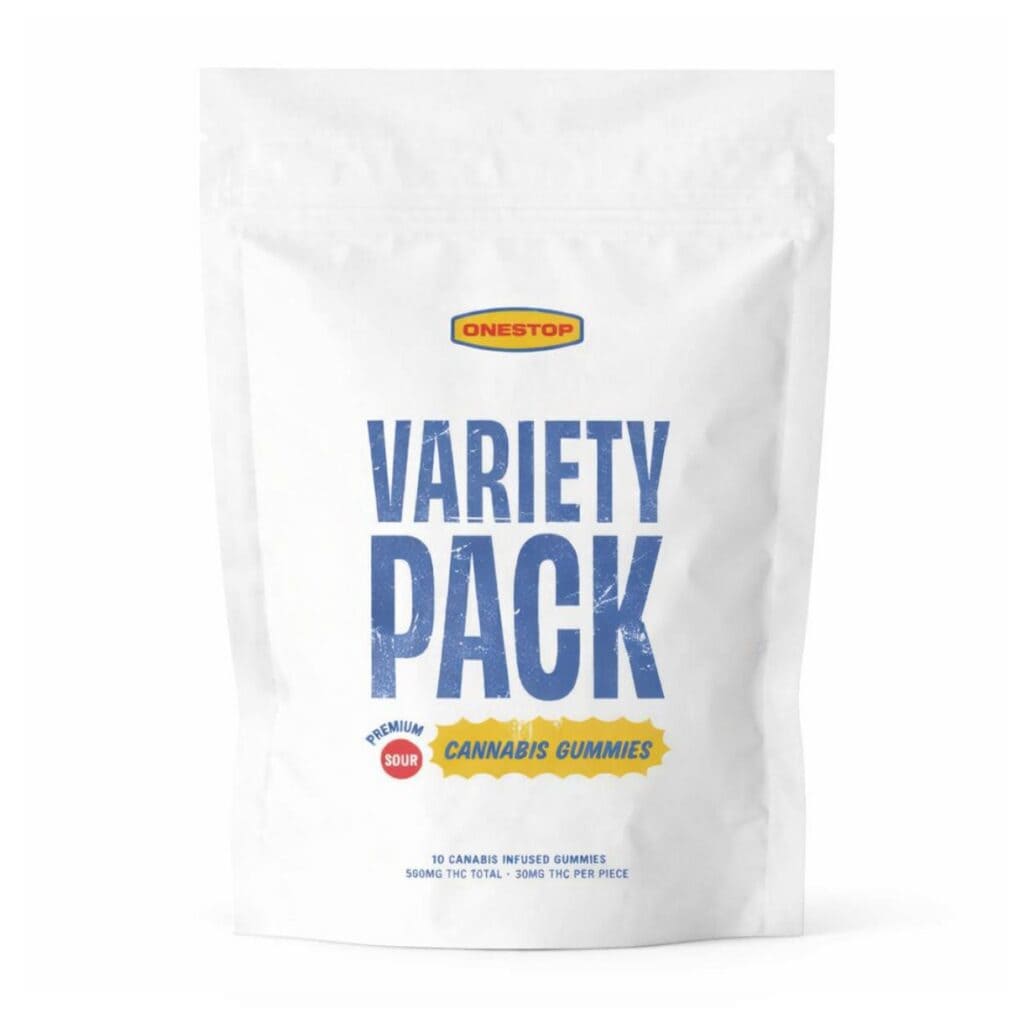 White Variety Pack cannabis gummies pouch with blue typography and soft drop shadow on a clean white background