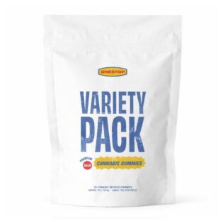 White Variety Pack cannabis gummies pouch with blue typography and soft drop shadow on a clean white background