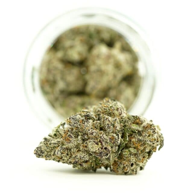Dense cannabis flower with frosty trichomes in foreground, glass jar softly blurred on a crisp white background
