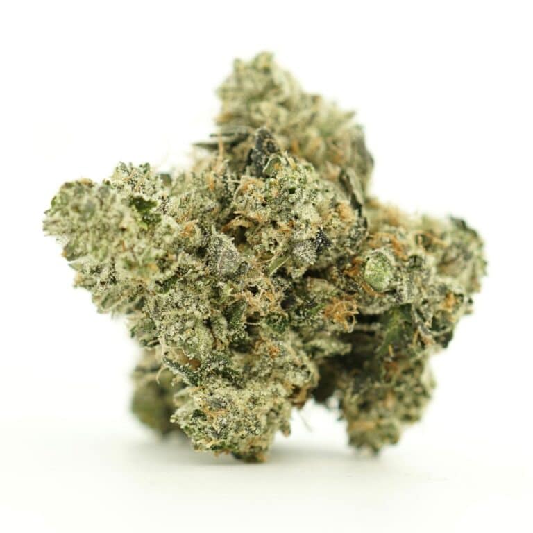 platinum kush breath close-up image of cannabis bud with frosty trichomes on a crisp white background