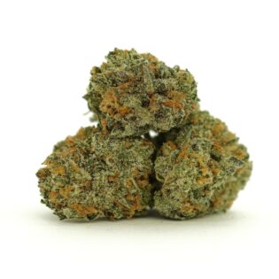 Close-up of dense cannabis flowers with light green buds, orange pistils, and visible trichome coverage on a white background.