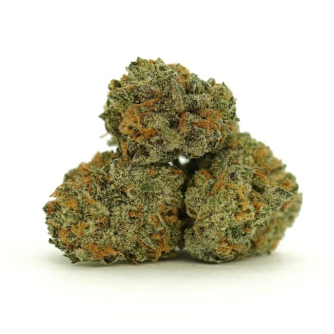 Close-up of dense cannabis flowers with light green buds, orange pistils, and visible trichome coverage on a white background.