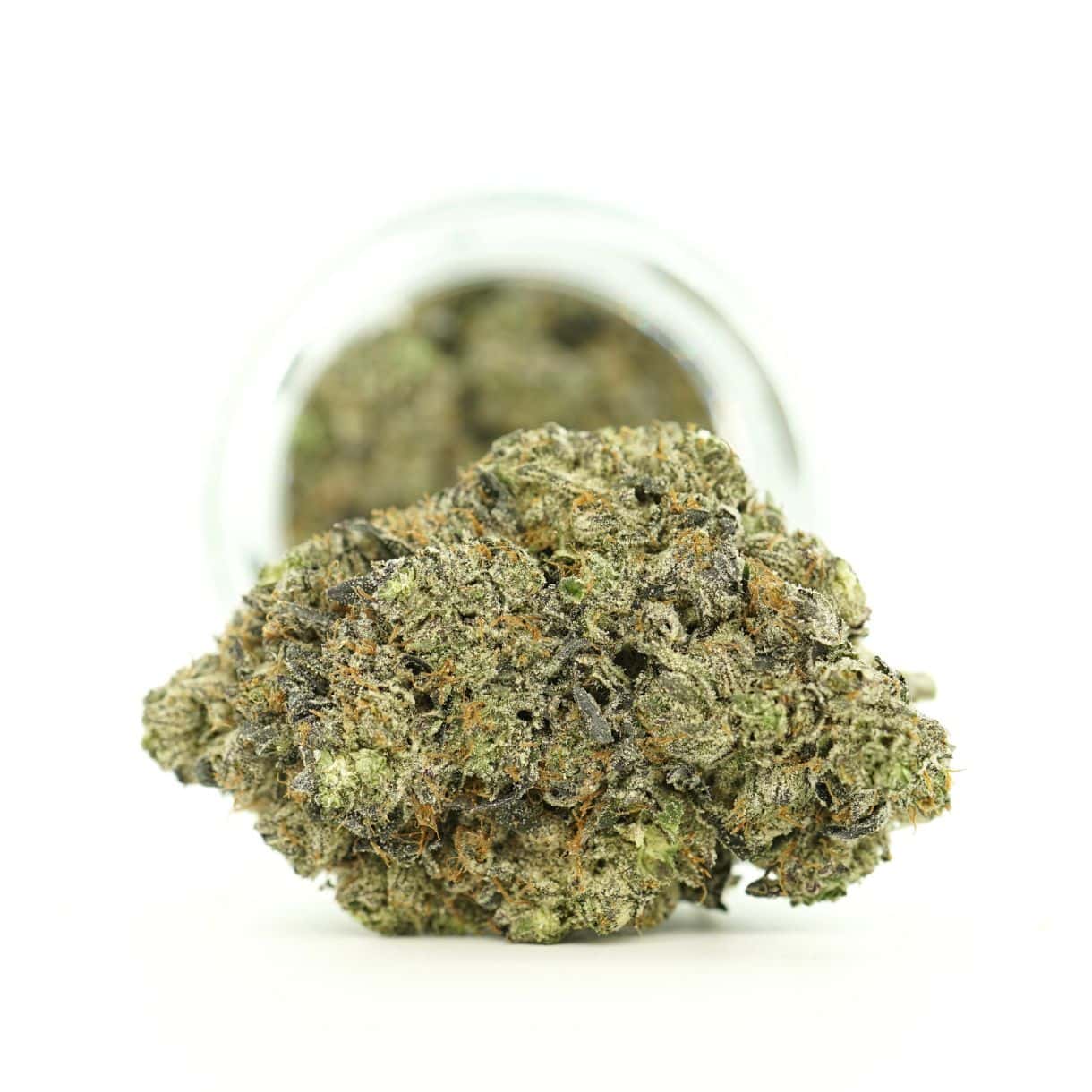 Dense cannabis flower with frosty trichomes in foreground, glass jar softly blurred on a crisp white background