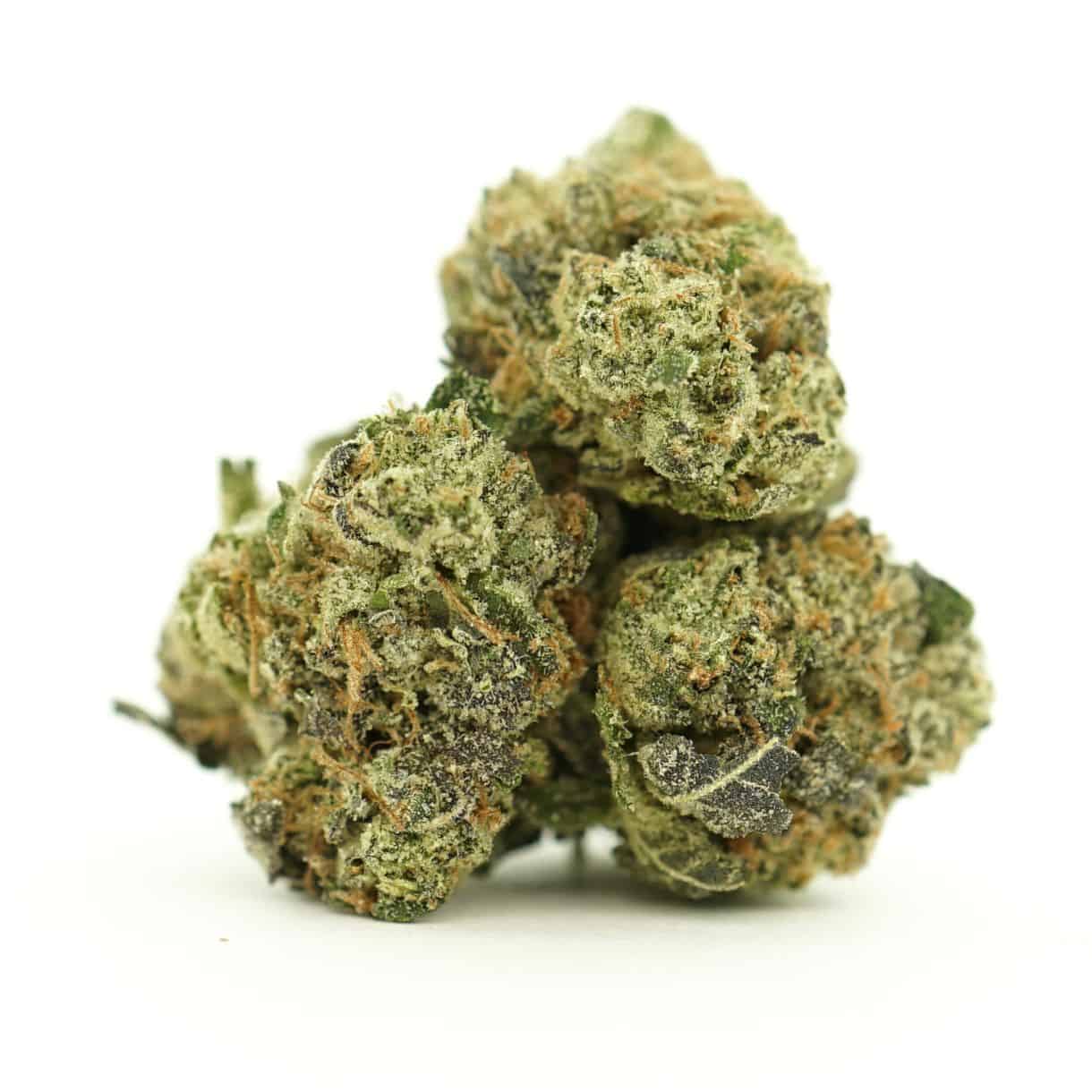 Close-up image of cannabis buds with frosty trichomes on a crisp white background