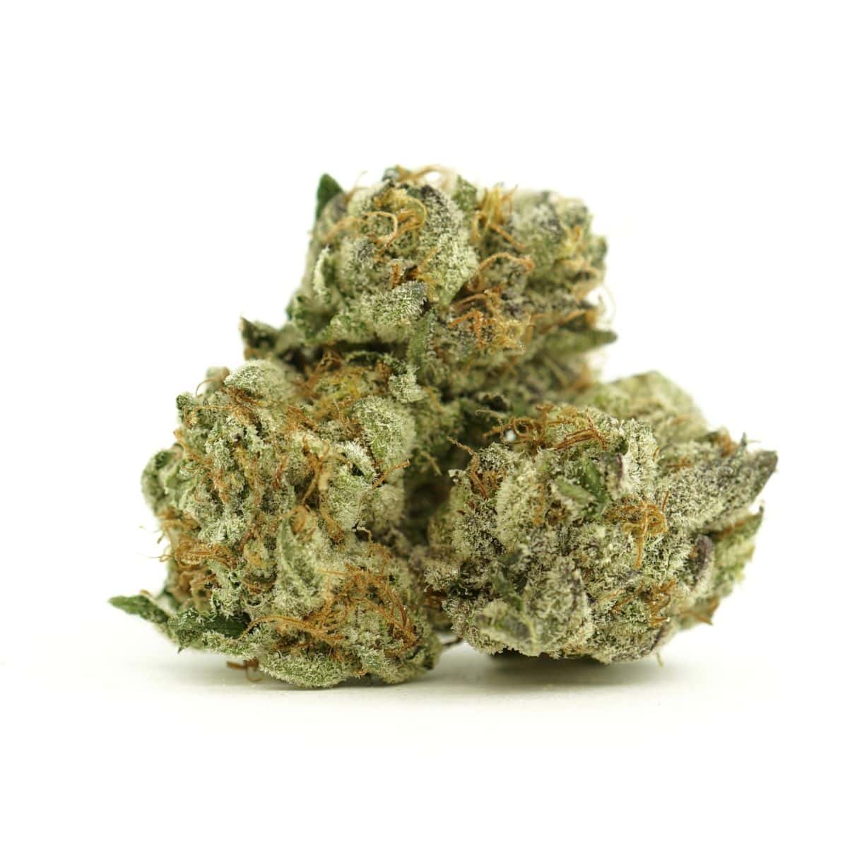 Close-up image of cannabis buds with frosty trichomes on a crisp white background