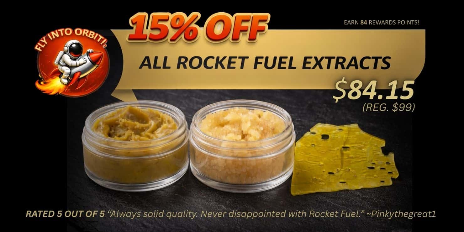 Promotional banner advertising 15% off all Rocket Fuel cannabis extracts, featuring concentrate jars on a dark background with pricing details.