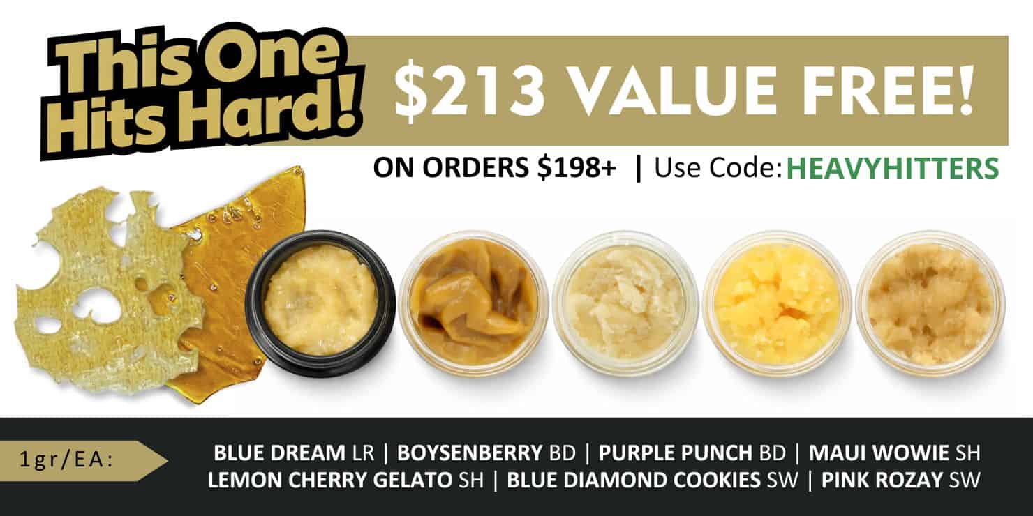 Promotional banner advertising a free $213 value on orders over $198, featuring cannabis concentrates and flower with a yellow and black design.
