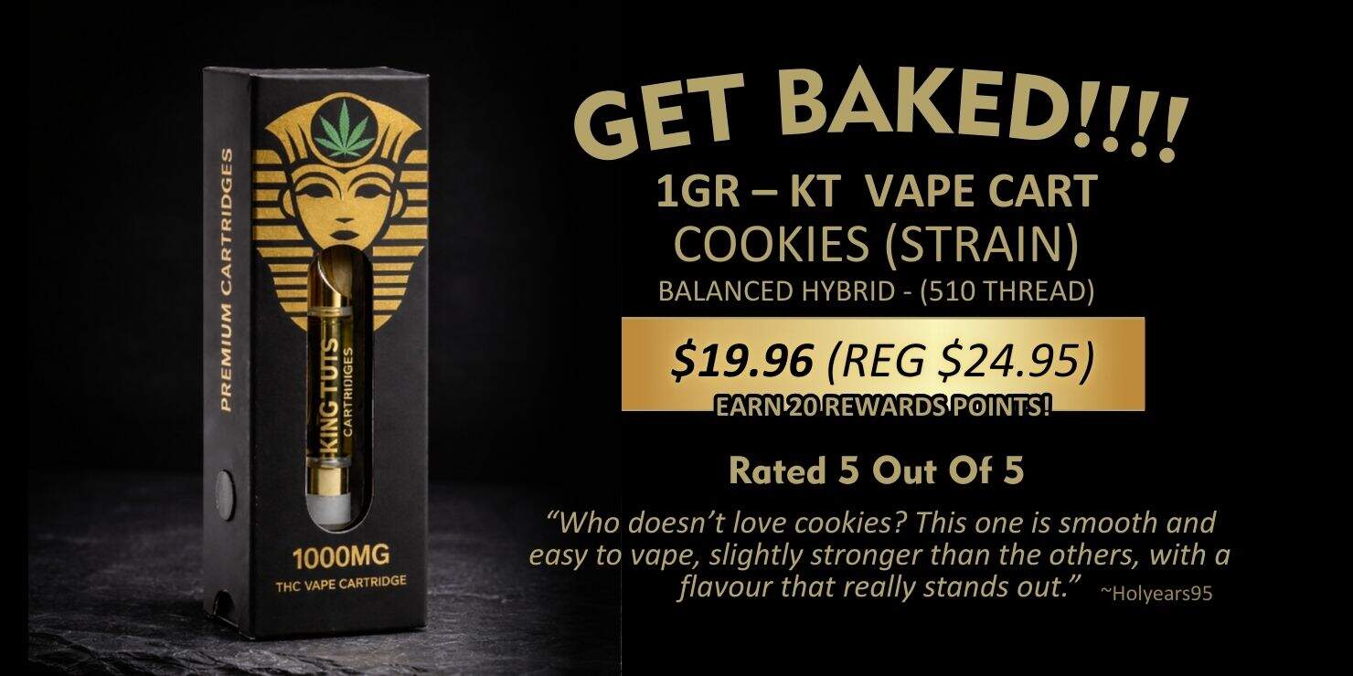 Promotional banner advertising the IGR KT vape cartridge cookies strain, featuring product packaging, pricing, and a “rated 5 out of 5” customer rating.