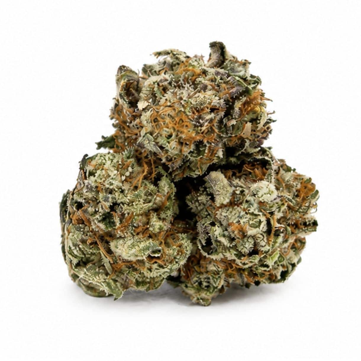 island pink kush smalls Image of cannabis bud with frosty trichomes on a crisp white background