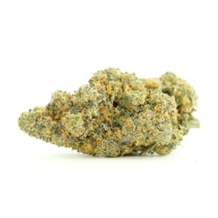 Close-up image of cannabis bud with frosty trichomes on a crisp white background