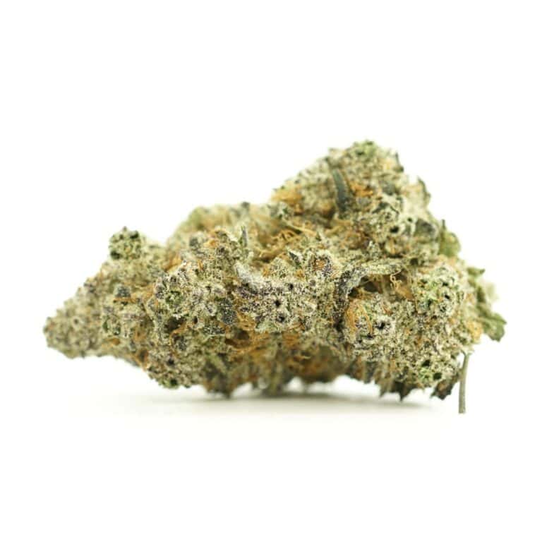 Close-up image of cannabis bud with frosty trichomes on a crisp white background