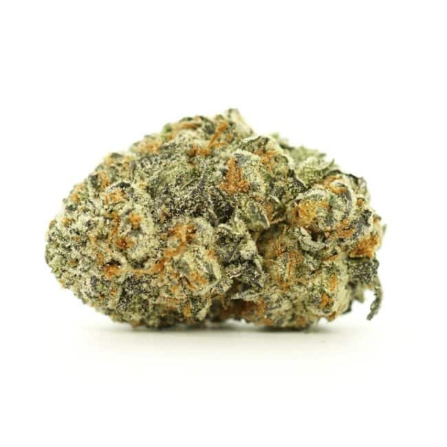 Close-up image of cannabis bud with frosty trichomes on a crisp white background