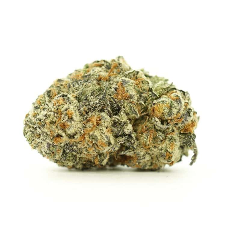 Close-up image of cannabis bud with frosty trichomes on a crisp white background