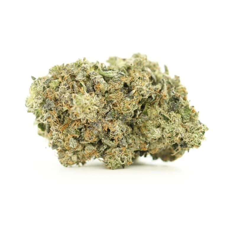 close-up death bubba image of cannabis bud with frosty trichomes on a crisp white background
