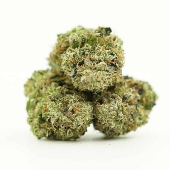Close-up image of cannabis bud with frosty trichomes on a crisp white background