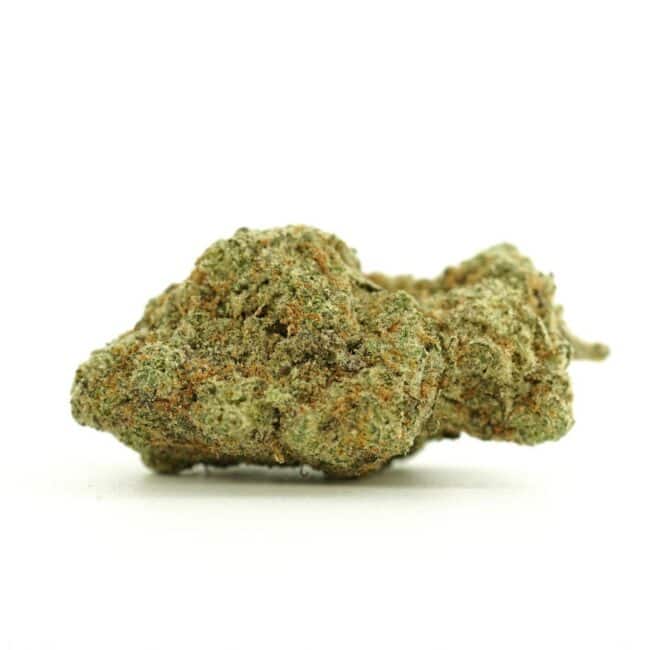 Close-up image of cannabis bud with frosty trichomes on a crisp white background