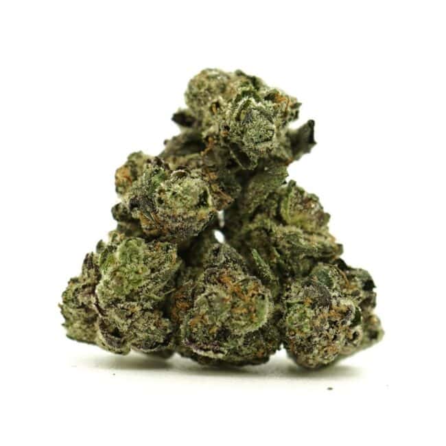 Close-up image of cannabis buds with frosty trichomes on a crisp white background