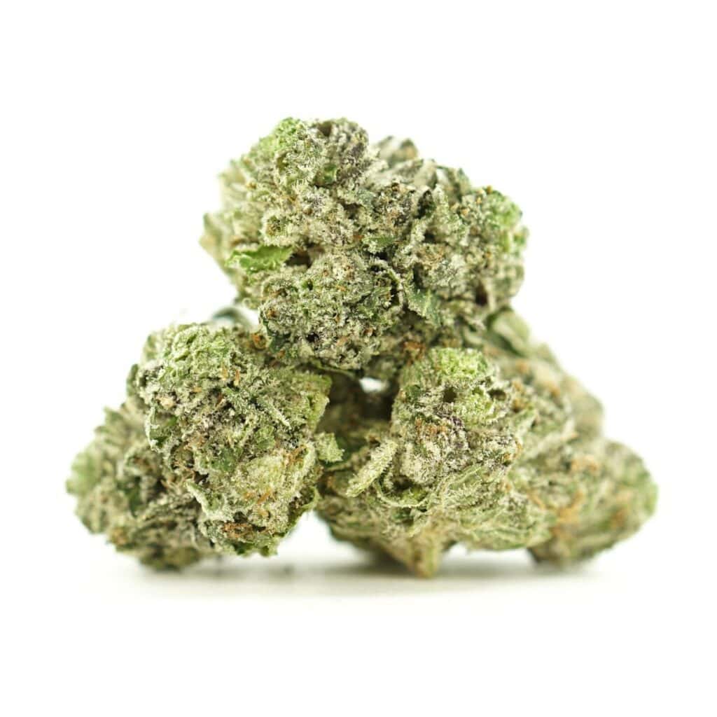 Close-up image of cannabis buds with frosty trichomes on a crisp white background