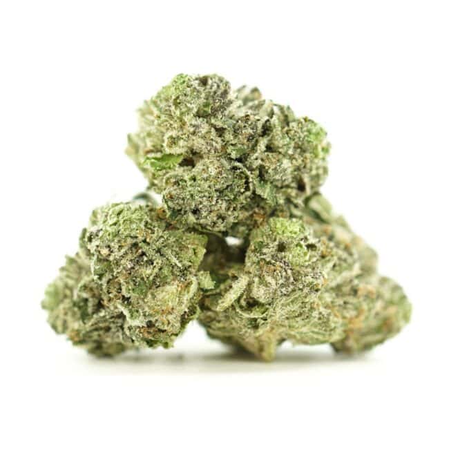 Close-up image of cannabis buds with frosty trichomes on a crisp white background