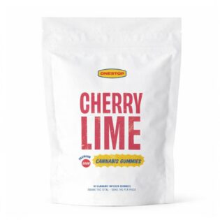 White Cherry Lime cannabis gummies pouch with red typography and soft diffused shadow on a clean white background