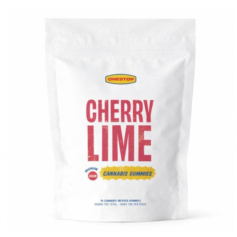 White Cherry Lime cannabis gummies pouch with red typography and soft diffused shadow on a clean white background