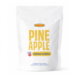 White Pineapple cannabis gummies pouch with yellow typography and soft diffused shadow on a clean white background