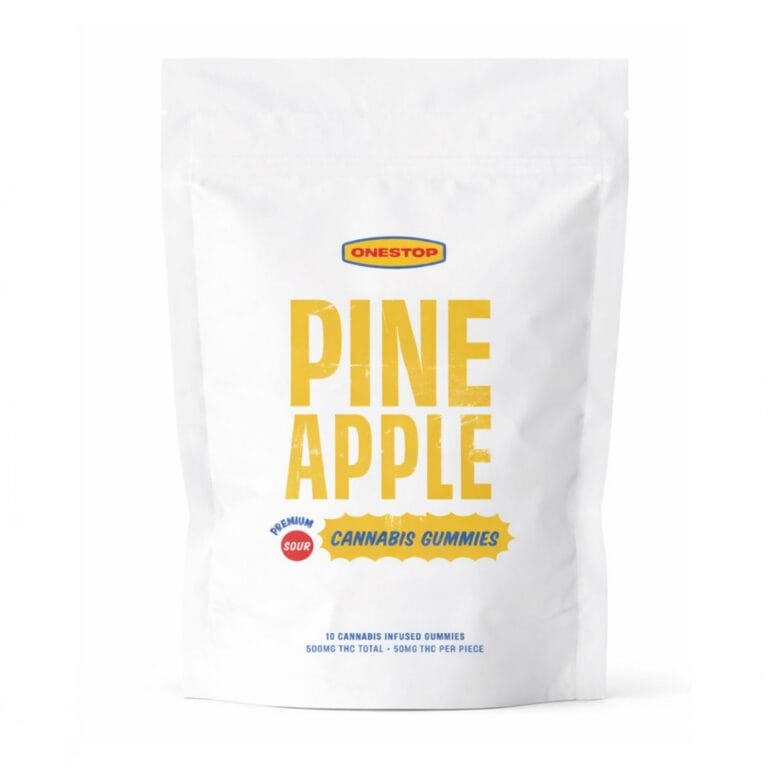 White Pineapple cannabis gummies pouch with yellow typography and soft diffused shadow on a clean white background