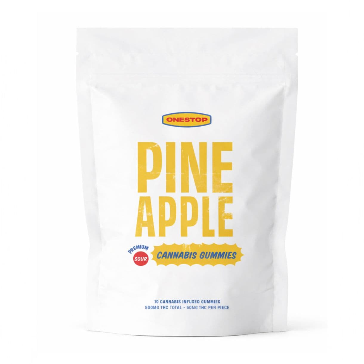 White Pineapple cannabis gummies pouch with yellow typography and soft diffused shadow on a clean white background