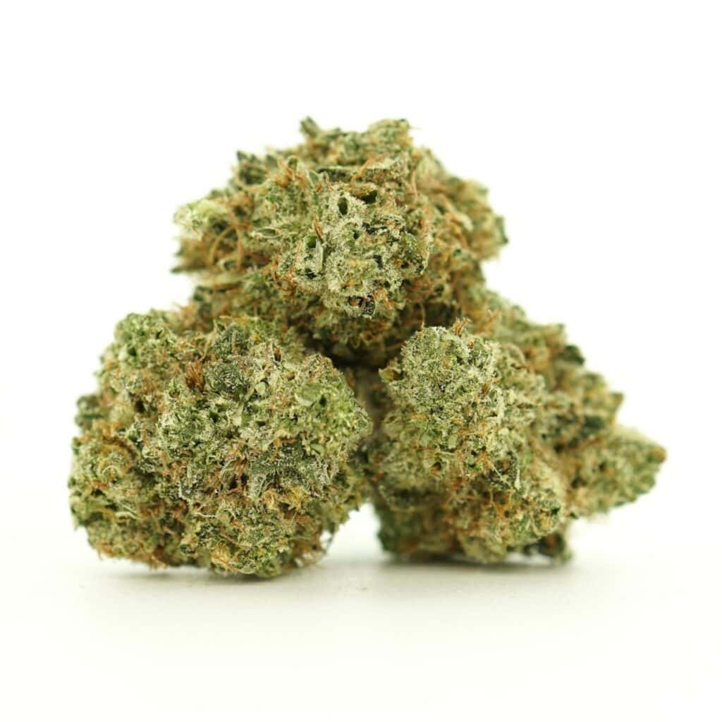Close-up image of cannabis buds with frosty trichomes on a crisp white background