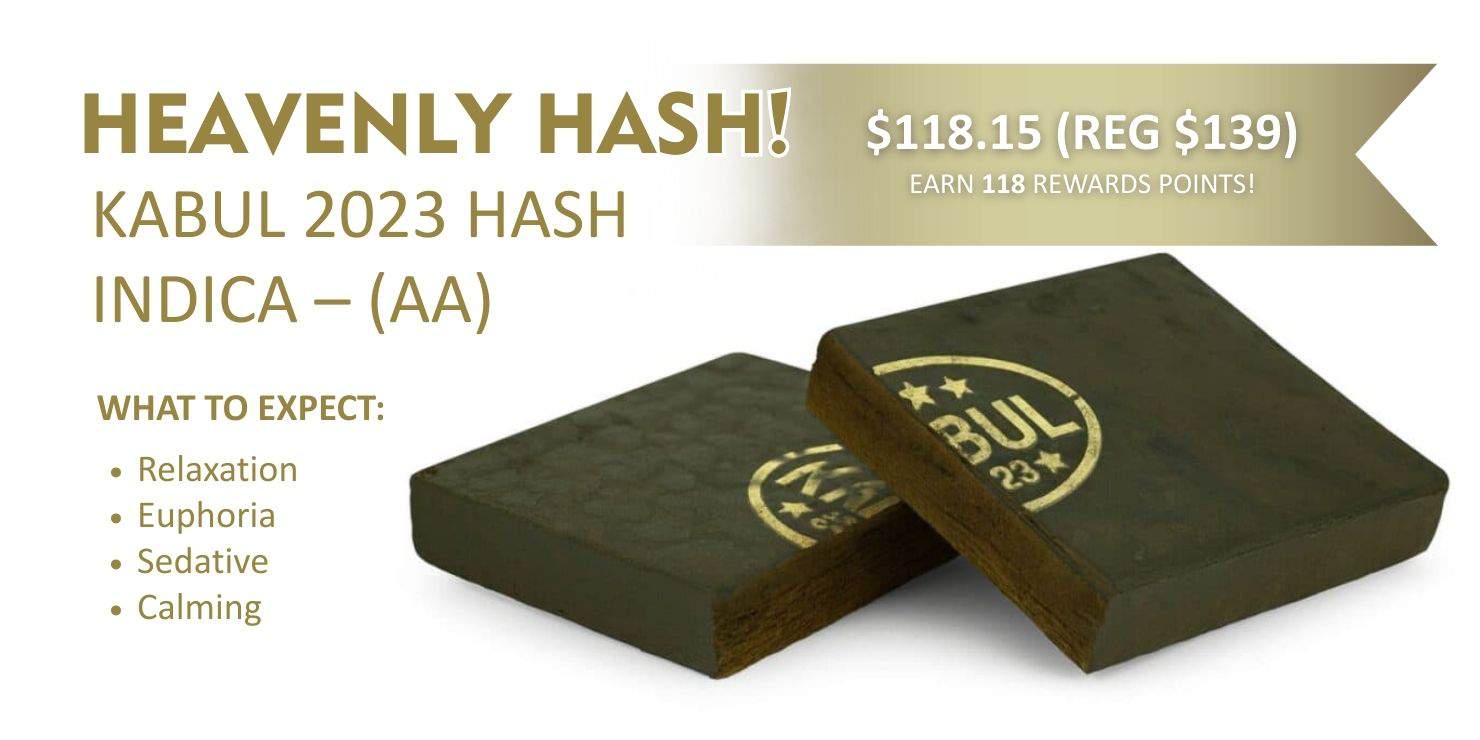Heavenly Hash Kabul 2023 Hash Indica (AA) cannabis concentrate, pressed hash slab with pricing and effects listed on neutral background.