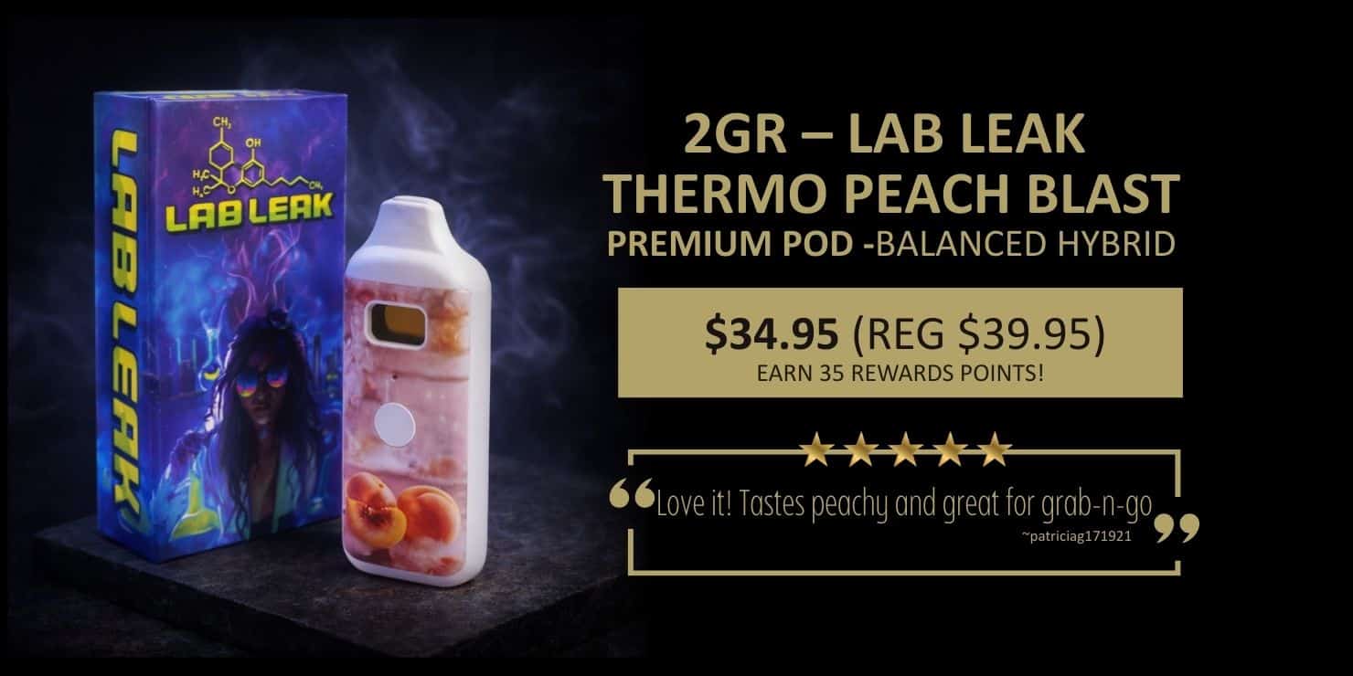 Promotional graphic for 2GR Label Thermo Peach Blast premium pre-blended THC drink featuring product packaging, bottle image, pricing, and star rating on a dark background.