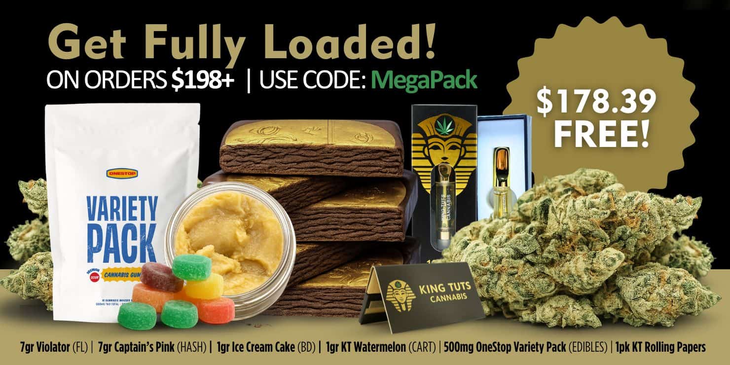 Promotional banner for cannabis variety pack offer featuring gummies, vape cartridge, cannabis flower, and “Get Fully Loaded” deal with free $178.39 variety pack on orders over $198 using code MegaPack.