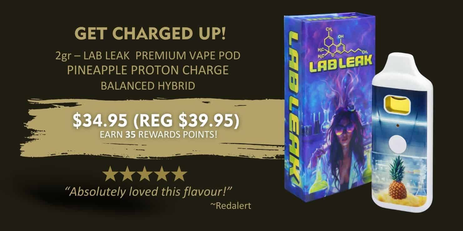 Promotional banner for LaBe Leaf Premium Vape Pod Pineapple Potion Charge (2g) balanced hybrid, priced at $34.95 (reg $39.95), featuring product box, vape device, and star rating graphic.
