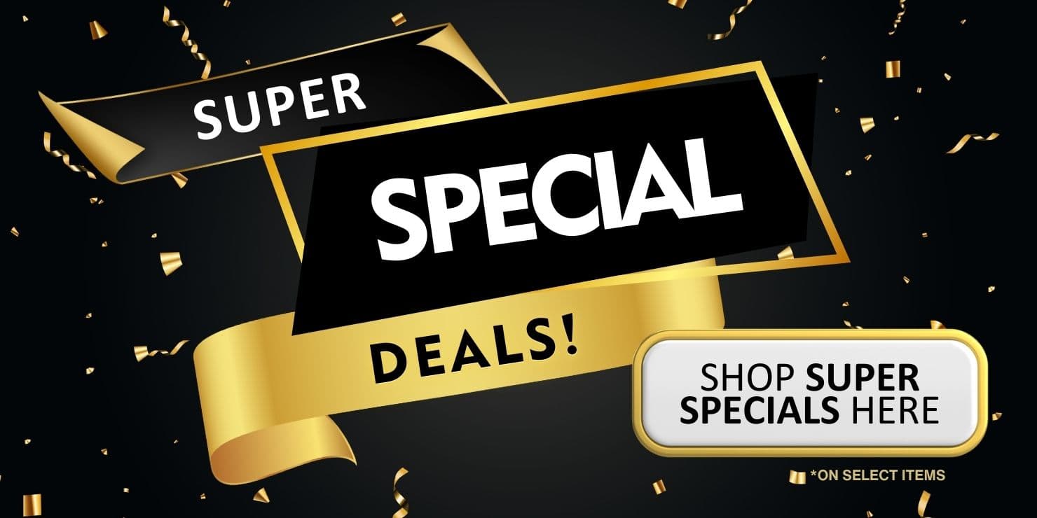 Black and gold promotional banner reading “Super Special Deals!” with gold ribbon accents and a “Shop Super Specials Here” button on a dark background with confetti details.