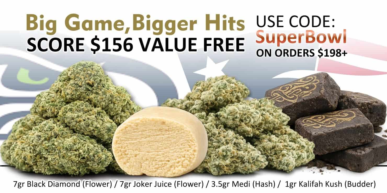 Promotional cannabis bundle graphic featuring multiple cannabis products with text reading “Big Game, Bigger Hits” and a Super Bowl discount code offer.